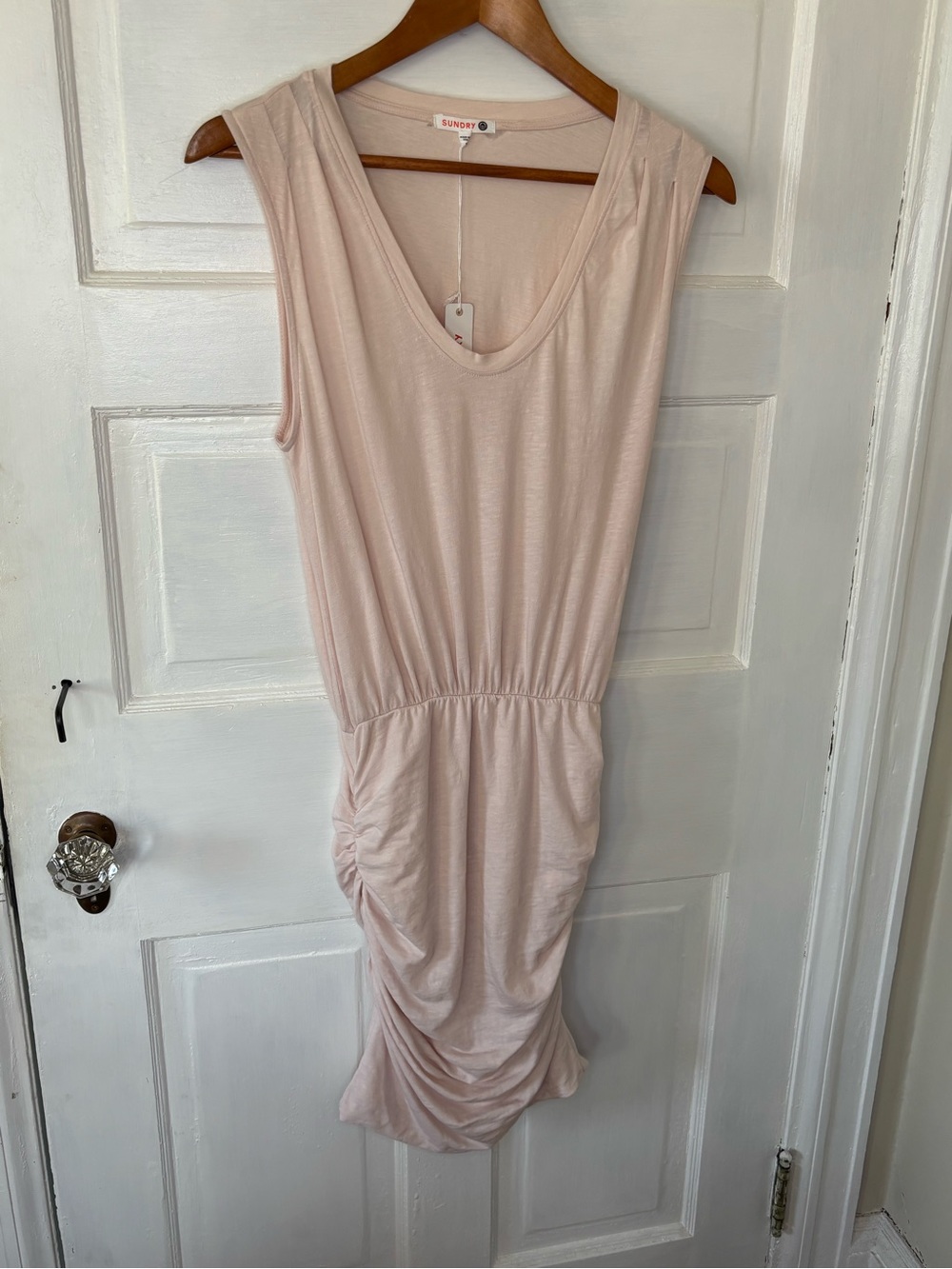 Sundry Soft Blush Ruched Waist Sleeveless Dress